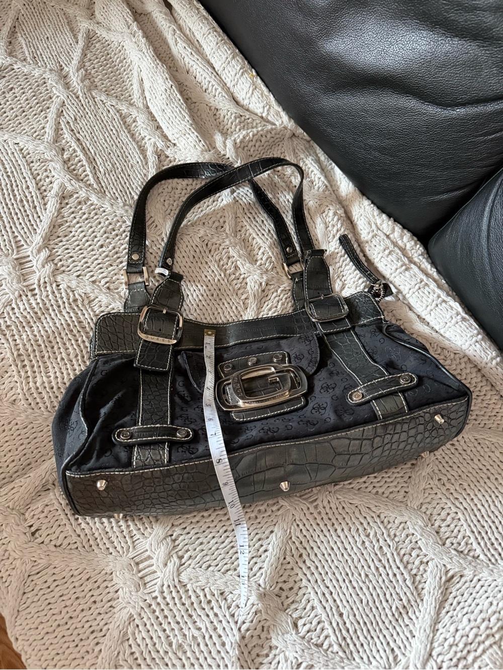 Guess Black Logo-Print Shoulder Bag with Silver Buckle - Picture 10 of 10